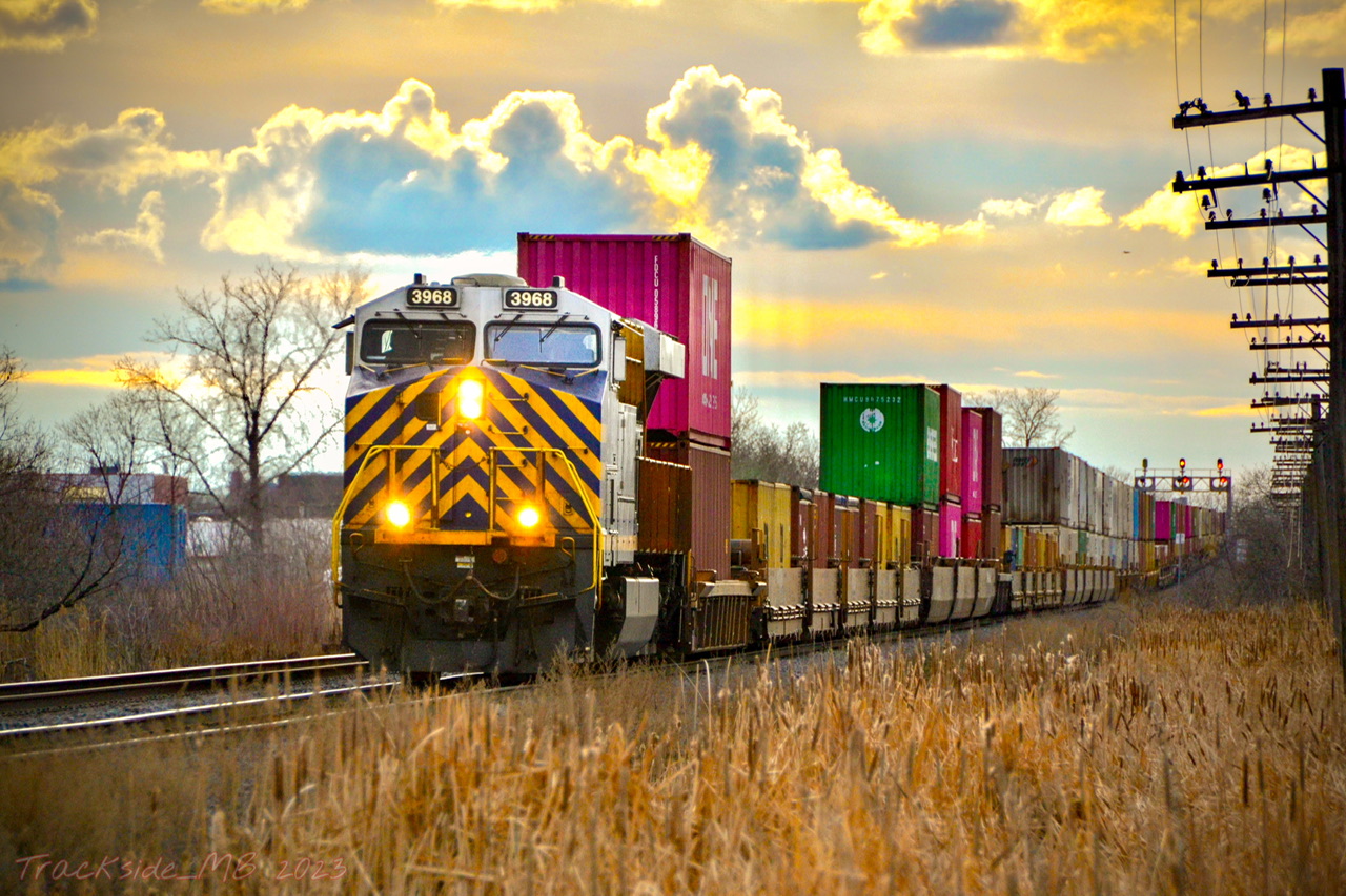 CN 3968, a former Citirail unit, pulls a long intermodal to go into Symington yard crossing Panet Road in the process.