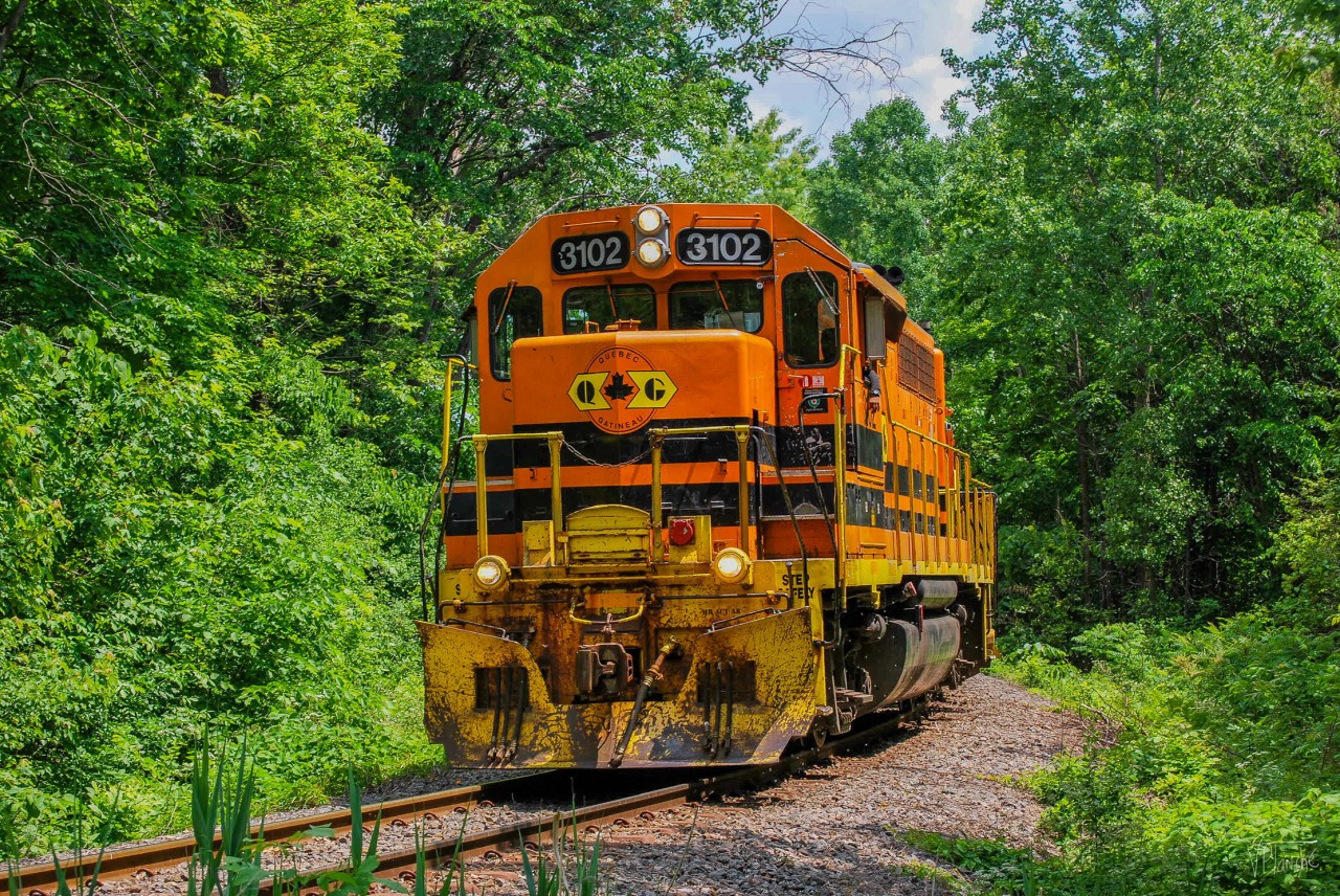 On June 11, 2023, QG 503 returned from the Trois-Rivières Subdivision where it served various customers. He is waiting here for his signal to enter the CPKC Parc Subdivison, which allowed me to take a nice shot in the forest, where the bike path meets the railway line!