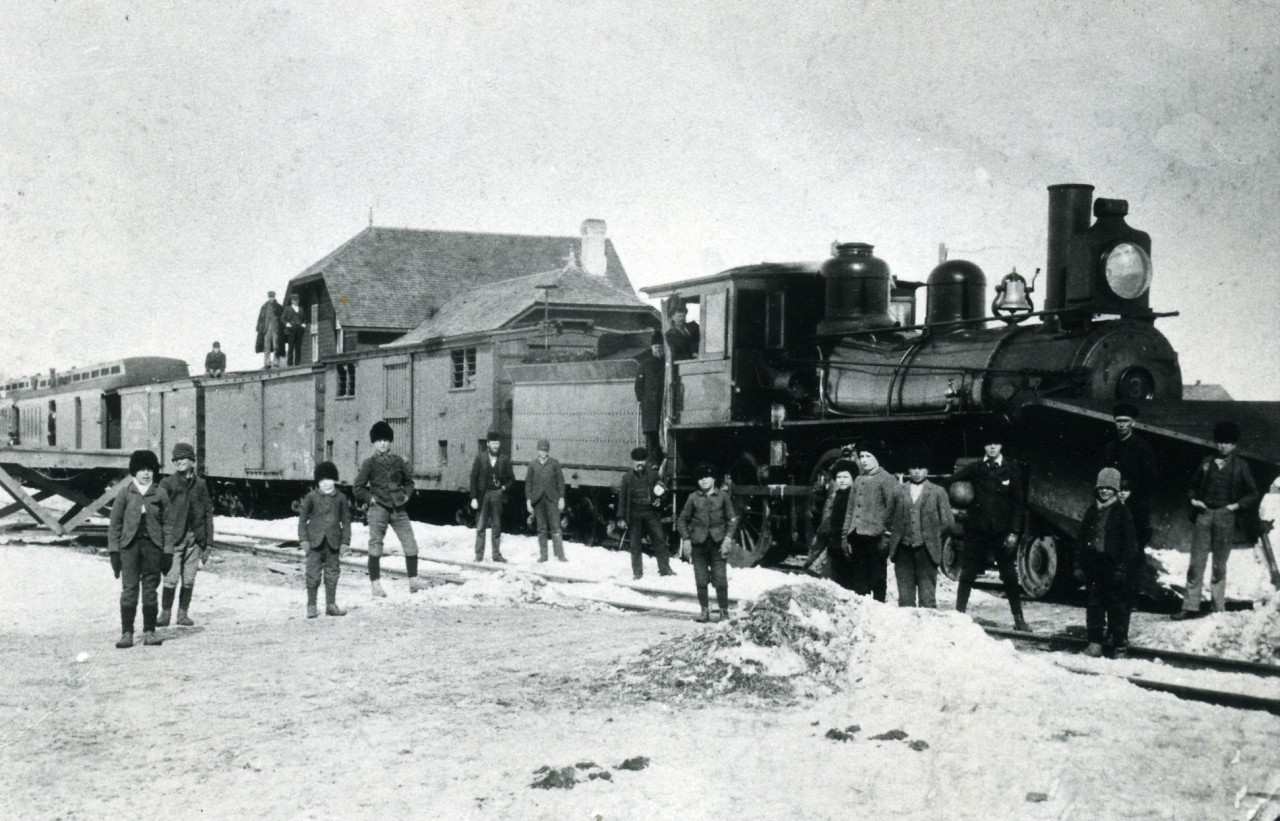 This reportedly is the first train leaving Dauphin, MB for Winnipeg, MB approximately December 16, 1896.  The railway was the Lake Manitoba Railway and Canal Company that was the predecessor to Canadian Northern Railway owned by William Mackenzie and Donald Mann. This was one of two 4-4-0 locomotives for use by the LMR&CC and was locomotive No.3.