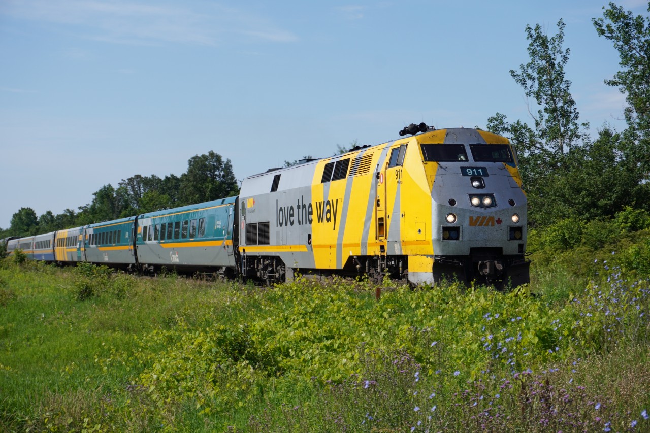 Due to construction on the Oakville sub, VIA 70 detours onto the Halton before meeting Amtrak 64 at Ash.