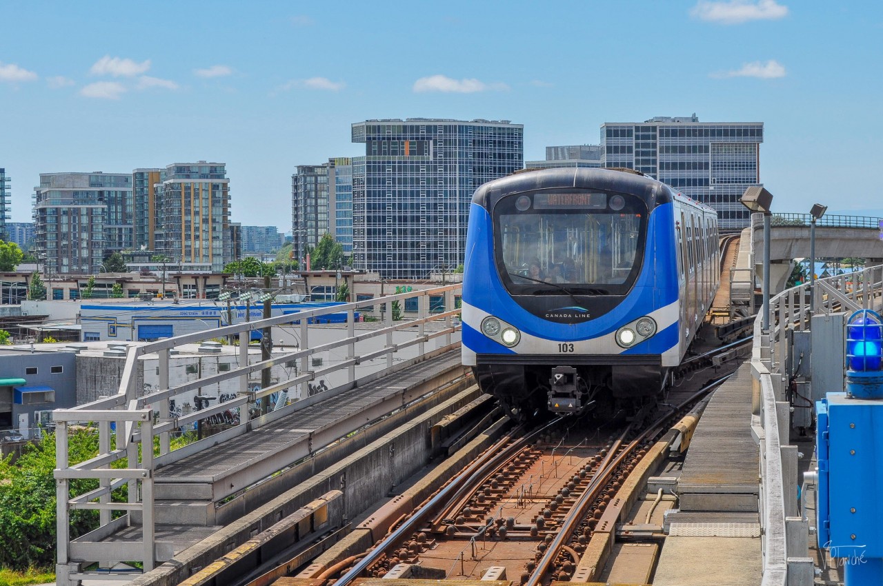 On July 11, 2023, one of Canada Line's many trains entered Bridgeport Station, near YVR Airport.