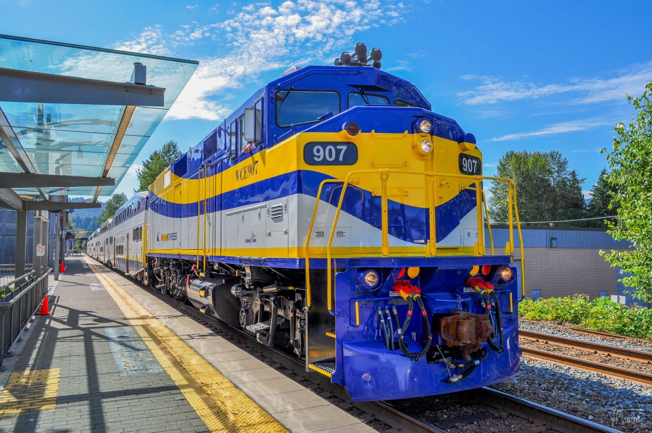 On July 12, 2023, the WCE E2 train to Mission is operated by the newly rebuilt F59PH 907 delivered to Translink.