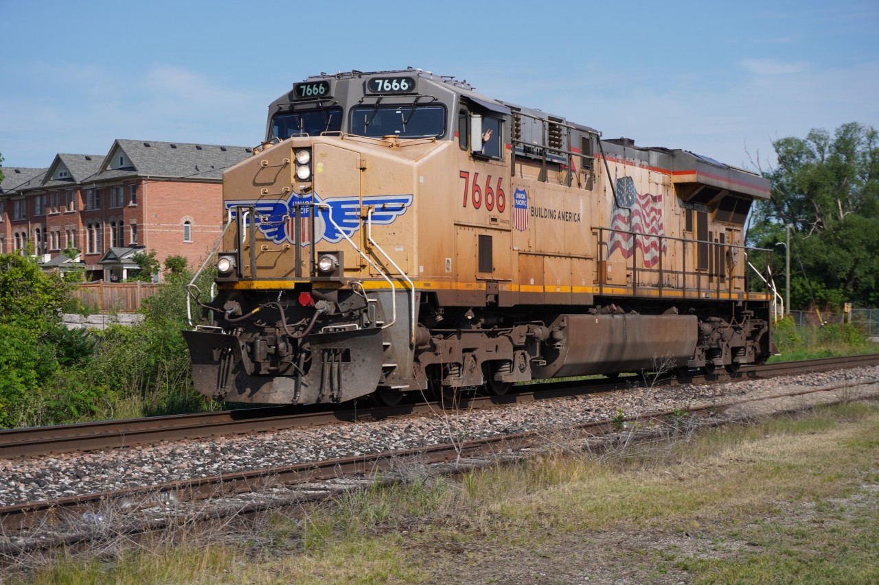 Solo UP 7666 heads up the Mactier towards Vaughan Intermodal Terminal where it will be put as pusher on CPKC 103.