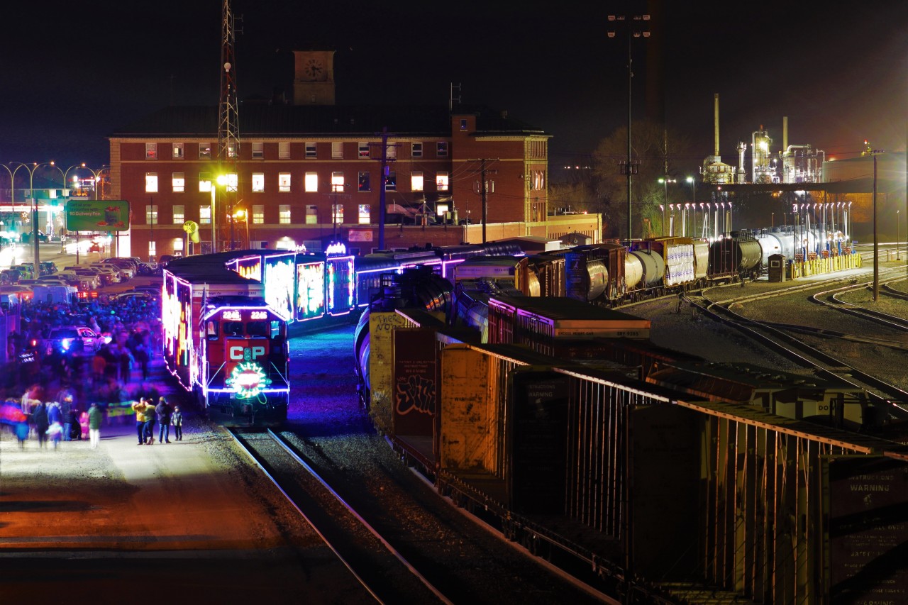 Simply having a wonderful Christmastime.

On the second last day of the holiday train, it rolled through southern Saskatchewan. I chased the train from Regina to Moose-jaw, Saskatchewan. 

This photo was taken from the bridge over the yard in Moose-Jaw. 30 Second shutter, F22, ISO 100