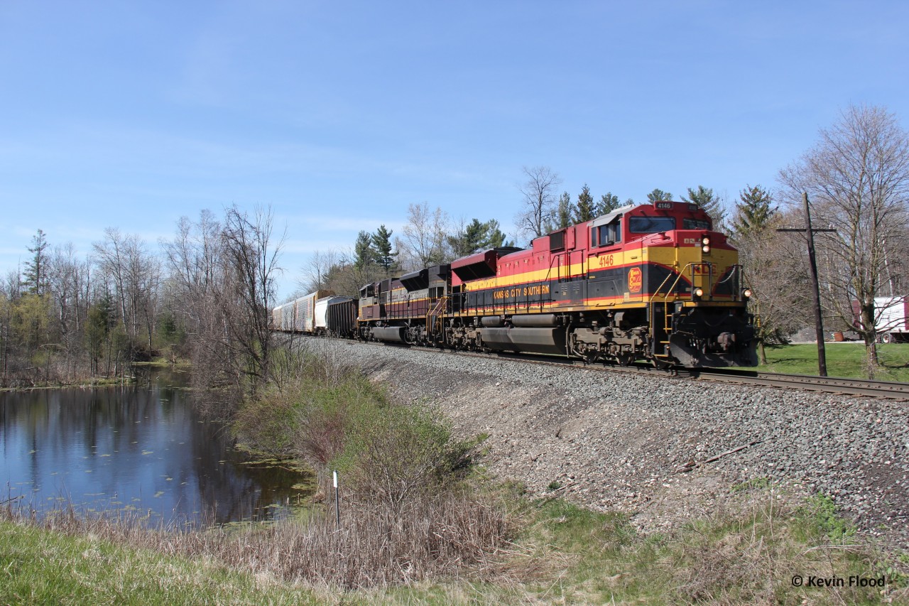 KCS leaders are really starting to infiltrate the CP system now with CP and KCS power being more and more mixed across North America. CPKC 134 is another example of the sign of the times. After being held at Nissouri for hours, and waiting for 231 and 135 to clear, it finally was on the move to Toronto, not wasting any time, and not stopping at Wolverton for work. It is pictured storming through Drumbo, ON on April 26, 2024. The trailing unit was CP heritage unit 7013.