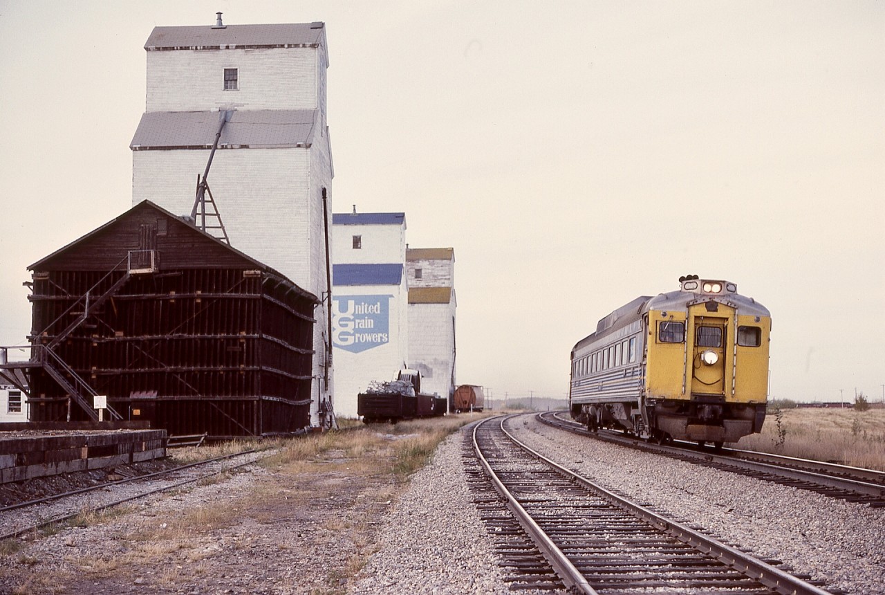 On its southward journey from South Edmonton to Calgary on Wednesday 1981-09-30, VIA train 196 with VIA 6124 swept around the curve by the elevators at Nisku at 1740 MDT, already four minutes behind schedule after just fifteen minutes run time.