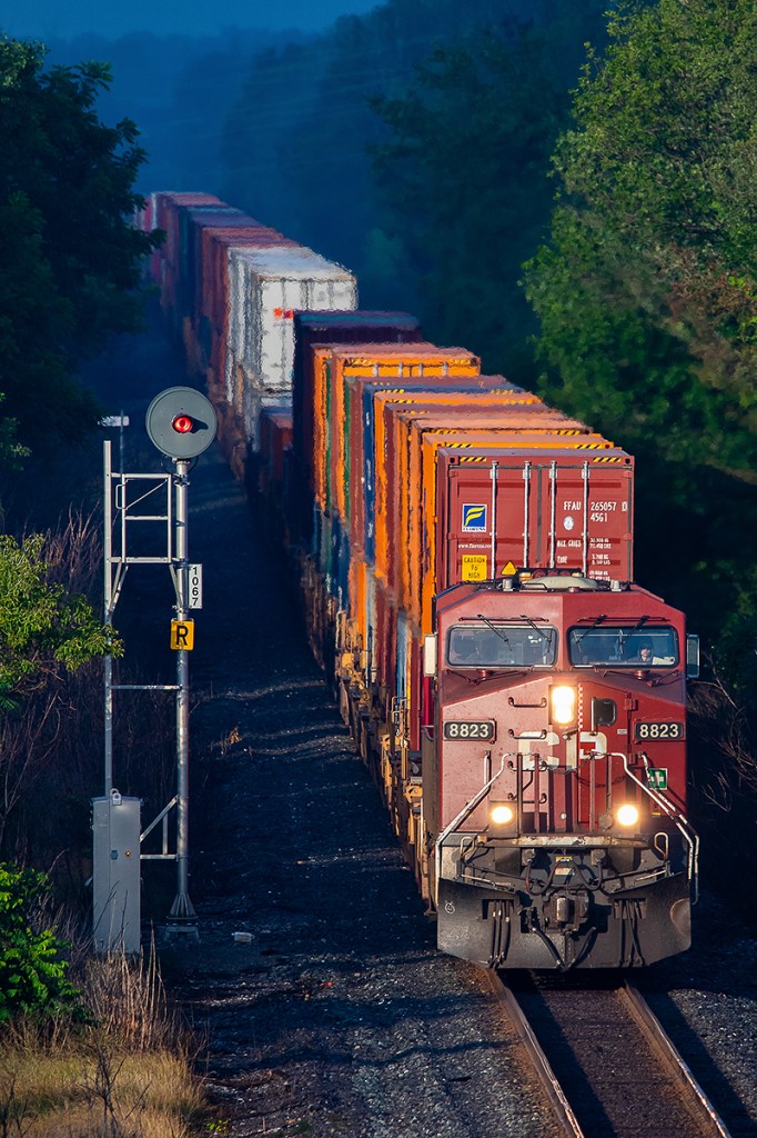 The days are getting shorter however the sun still rises early as CP 8823 emerges from the shadows into brilliant morning sunshine.