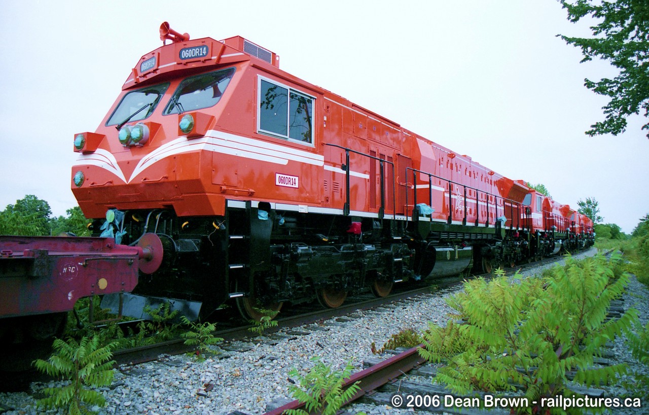 ITS Rail was building EMD locomotives in Welland west of Hwy 140. Here are 5 new units waiting to be lifted at Netherby on the Interchange Connecting track at Southern Yard. This was a short-term contract.