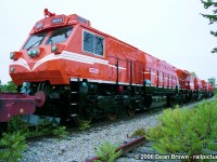 ITS Rail was building EMD locomotives in Welland west of Hwy 140. Here are 5 new units waiting to be lifted at Netherby on the Interchange Connecting track at Southern Yard. This was a short-term contract. 