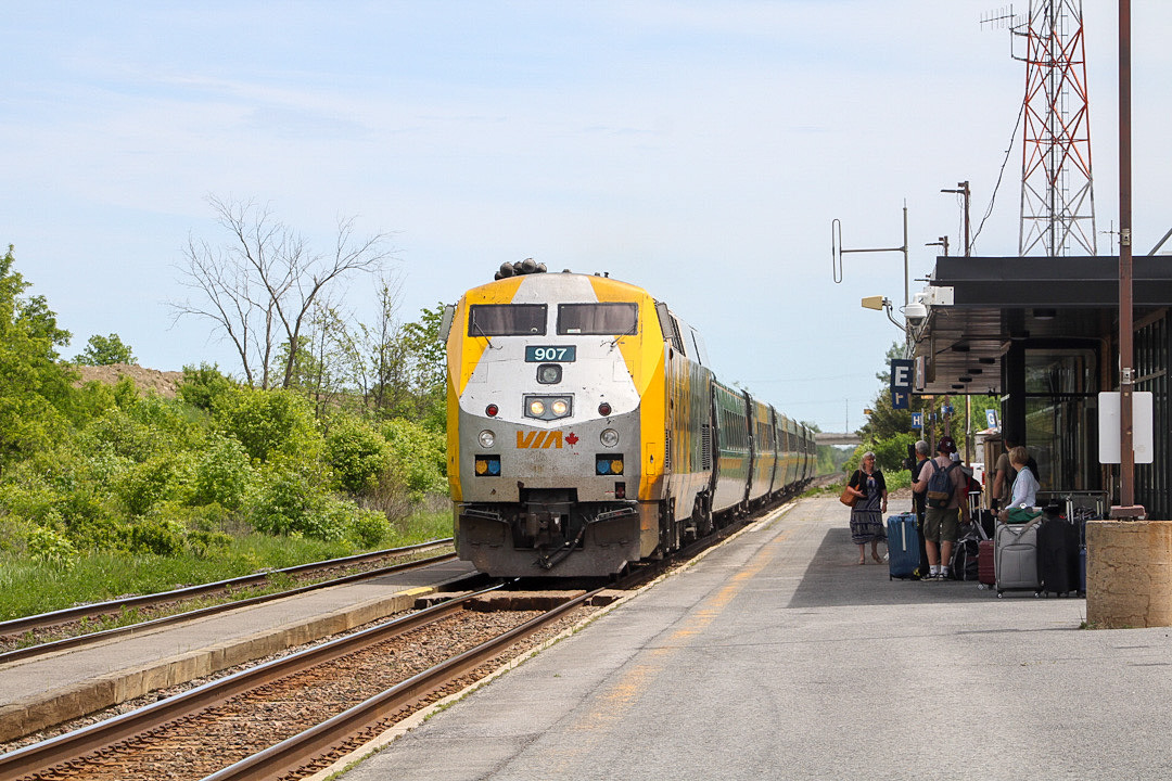 VIA Rail Train Number 65 is seen, making a stop in Cornwall before continuing the journey West to Toronto