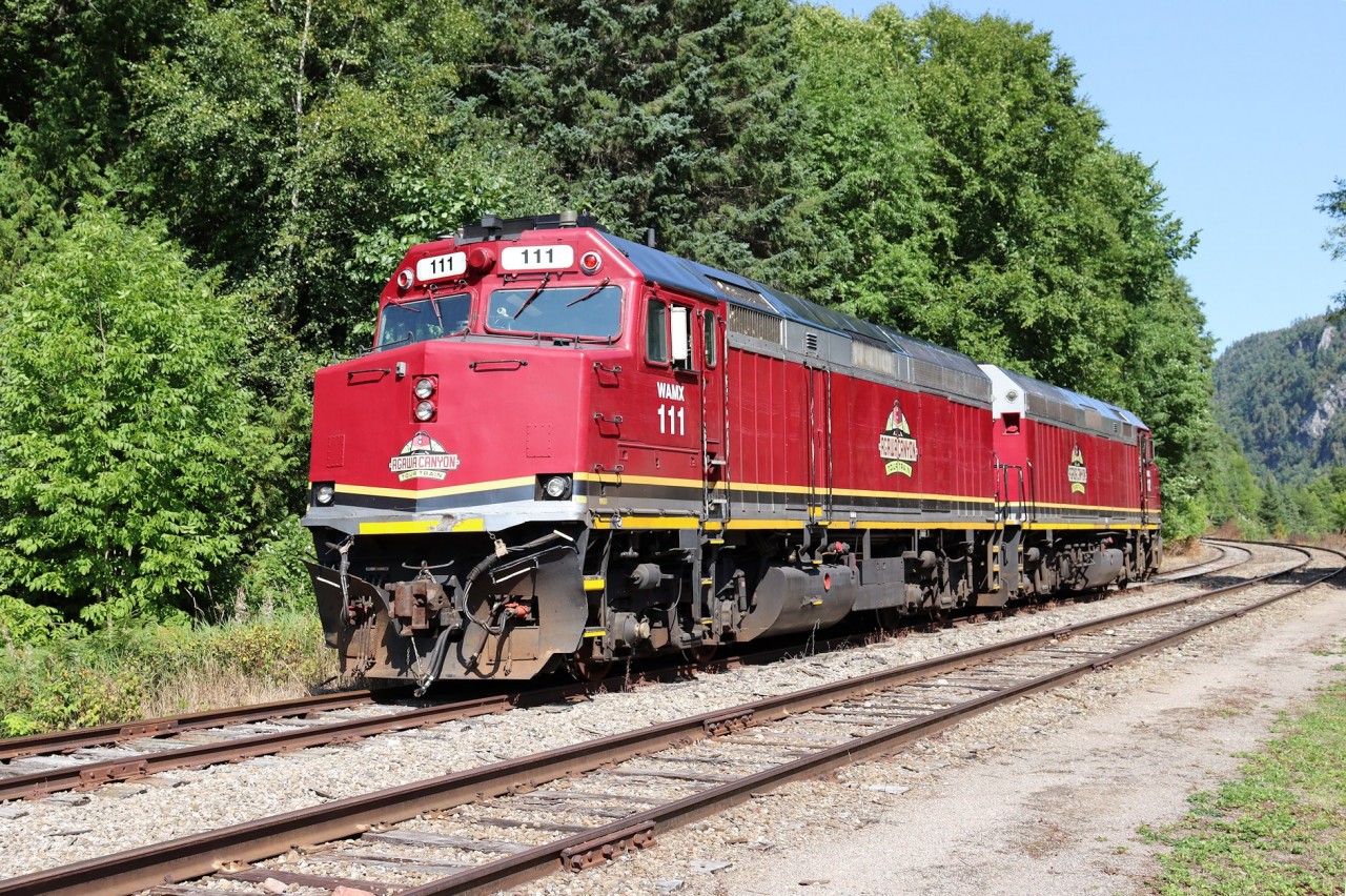 The pair of FP40PHR locomotives powering the Agawa Canyon Tour Train run down the siding at Canyon to change ends and prepare to bring the tour train back home to Sault Ste. Marie.