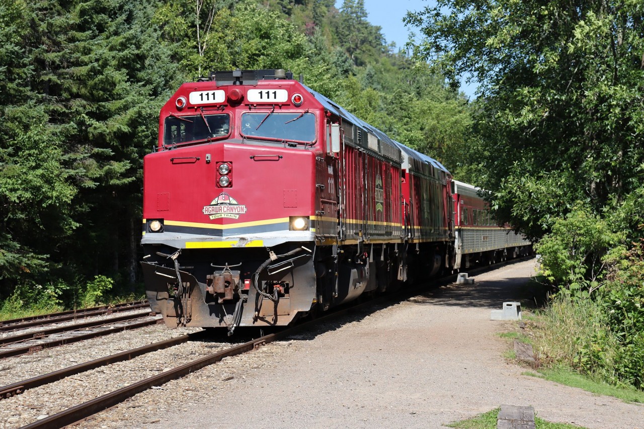 After a leisurely layover at the scenic Agawa Canyon Park, the Agawa Canyon Railroad's excursion train waits for passengers to re-board to begin the trip back south to the city of Sault Ste. Marie.