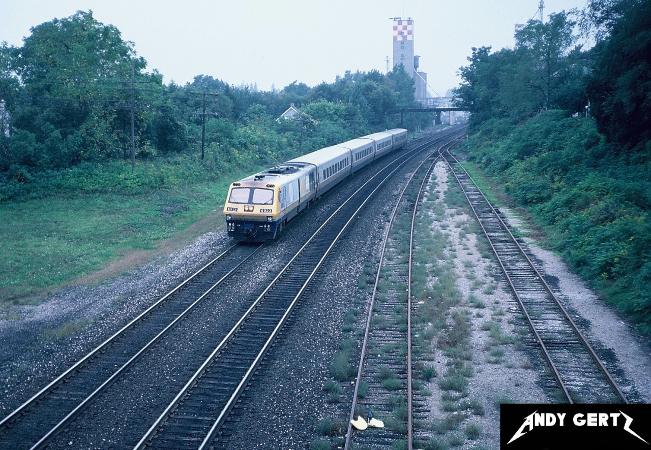 VIA Rail LRC-3 6923 leads an eastbound passenger train into the Woodstock, Ontario station on the CN Dundas Subdivision.