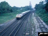 VIA Rail LRC-3 6923 leads an eastbound passenger train into the Woodstock, Ontario station on the CN Dundas Subdivision. 