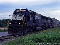 NS 6633 leads NS 445 Departing Dain City in the evening around 18:30 bound for Buffalo onto the Canal Sub to Feeder, the Cayuga Sub to Robbins, and the CN Stamford Sub to Fort Erie and Buffalo.