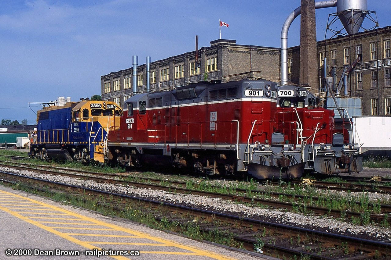 GEXR 901, GEXR 700, and GEXR 3856 across from Kitchener station back in 2000.