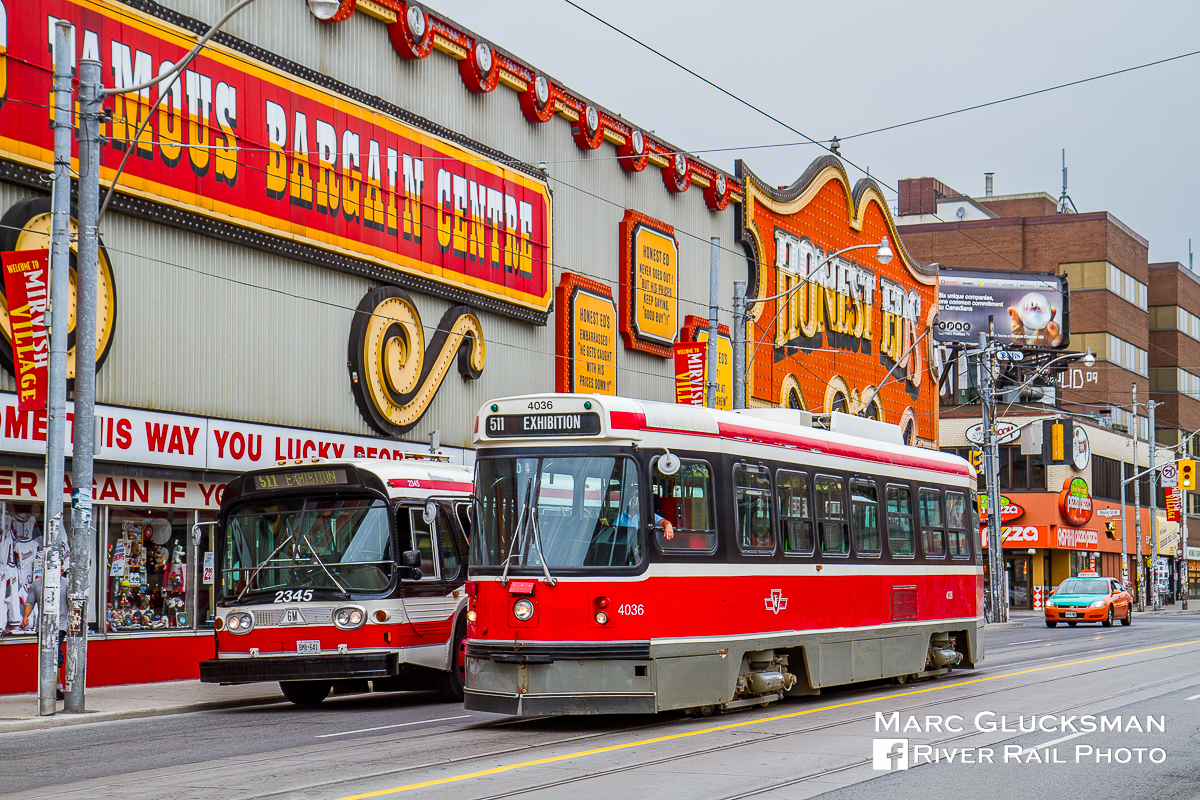 Honest Ed's. During a charter on August 15, 2010, soon to be retired TTC 2345 (T6H-5307N, GMDD, 1982-1983) was posed by the famous store "Honest Ed's" with its 23,000 exterior light bulbs on Bathurst and Bloor in Toronto, Ontario as TTC CLRV 4036 (Hawker Siddeley, 1977–1981) passed by on the Route 511. From 1948-2016, this discount store served with slogans like "Not cheaper anywhere else in Toronto!", "Come in and get lost!" and "Only the floors are crooked!".  Founder Ed Mirvish died in 2007, but the memory of him and his store are preserved in the neighborhood. Both the CLRV and ALRV fleet were retired by the end of 2019, making this scene now completely different. Examples of the legacy Hawker Siddeley streetcars are preserved at the Halton Radial, Illinois Railway, and Seashore Trolley Museums.