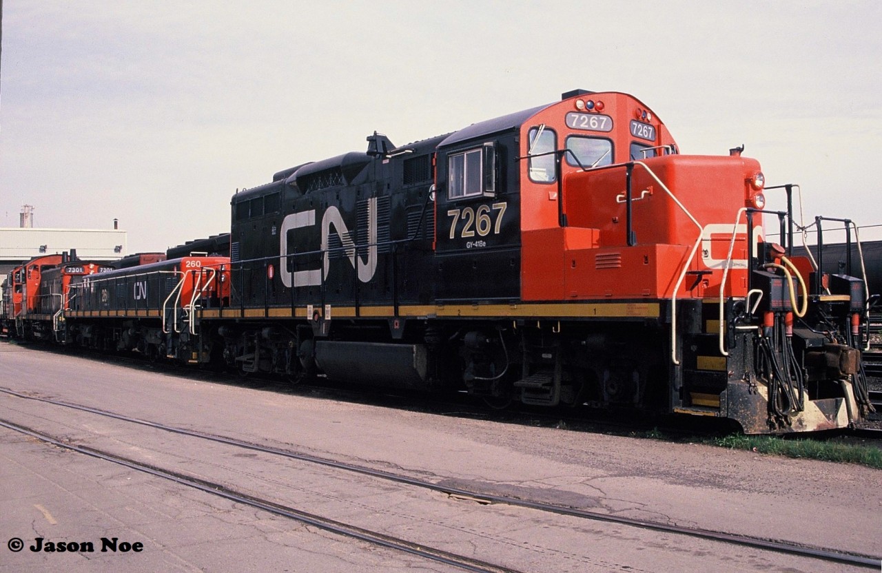 During a spring morning, CN GP9RM 7267 with GP9 Slug 260 are viewed along with other power, waiting for their next assignment at CN’s Stuart Street yard’s small shop in Hamilton, Ontario.