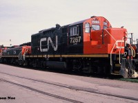 During a spring morning, CN GP9RM 7267 with GP9 Slug 260 are viewed along with other power, waiting for their next assignment at CN’s Stuart Street yard’s small shop in Hamilton, Ontario. 