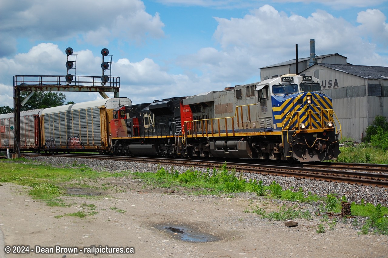 CN 276 with CN ES44AC 2756 and CN SD70M-2 8838 at Paris Jct. on the CN Dundas Sub on June 8/24.