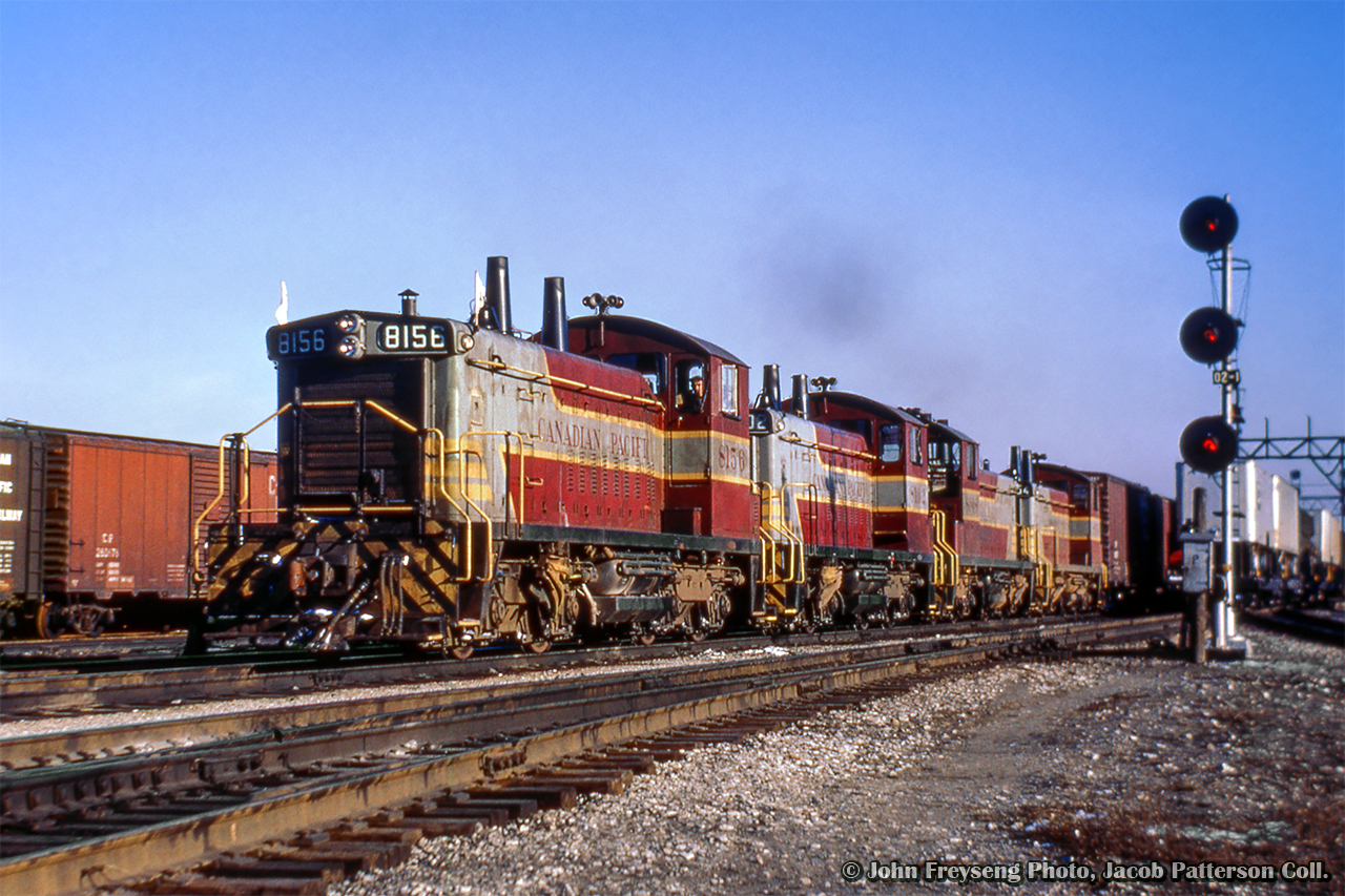 A quartet of GMD SW1200RS switchers take a London-bound extra west through Leaside.  At right, lots of TOFC traffic brings up the tail end of a switching move being made by an eastbound freight from Sudbury, led by CPR 8623 and SOO 2501-C, one of a number of SOO Line units leased during the early to mid 1960s.  See Bill Thomson's shot of SOO f-units at Guelph Junction HERE.



John Freyseng Photo, Jacob Patterson Collection Slide.