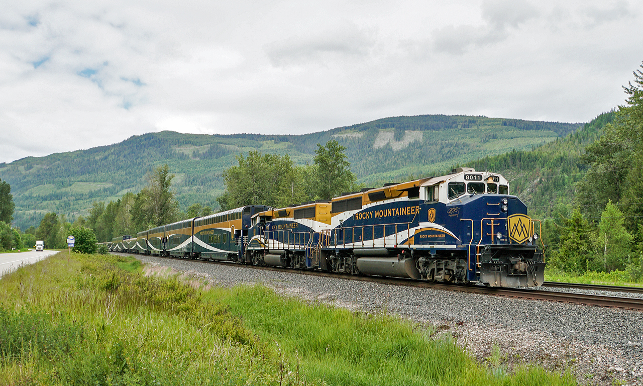 RMRX 8011 heads Rocky Mountain Rail tour "First Passage to the West" eastbound on CPKC Shuswap Sub.