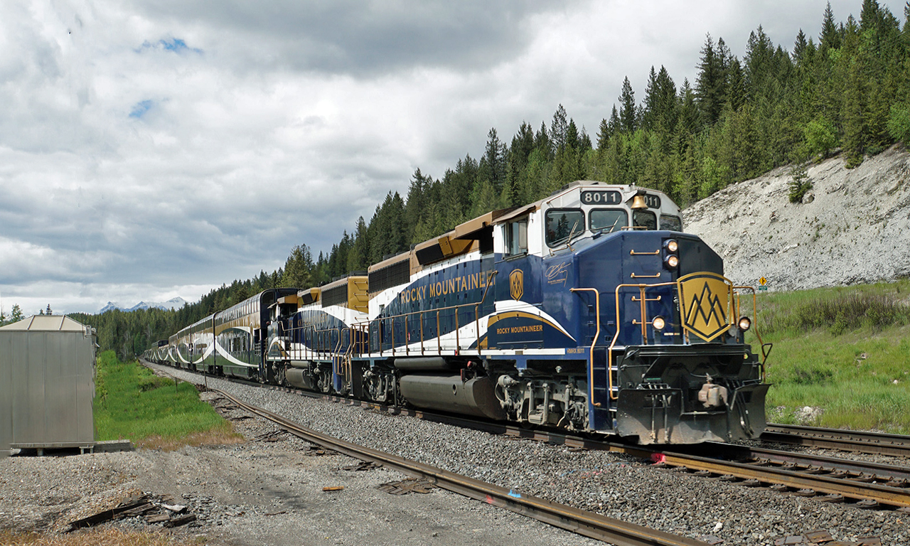 Rocky Mountaineer's "First Passage to the West" east bound approaches Golden, viewed at Blaeberry River Road.