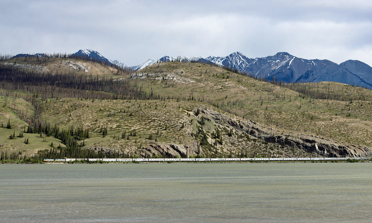 VIA 6414 and 6458 approach Jasper with a late running VIA #1. Cruising along the banks of the Athabasca river across a low dry looking Jasper Lake.