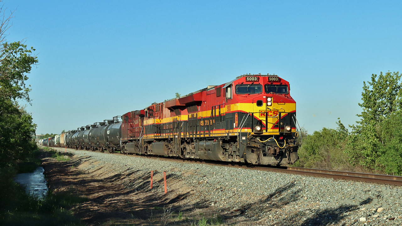 CPKC train B82, local transfer from Clover Bar to Scotford, makes it's way eastward through Strathcona County.  Power is provided by KCS 5003, KCSM 4746 and CP 8619.