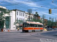 TTC CLRV 4112, only two years old at the time, pauses westbound on the Route 506 Carlton at the intersection of College Street and Bathurst Street.
<br><br>
<i>James Buckley photo, Dan Dell'Unto collection slide.</i>