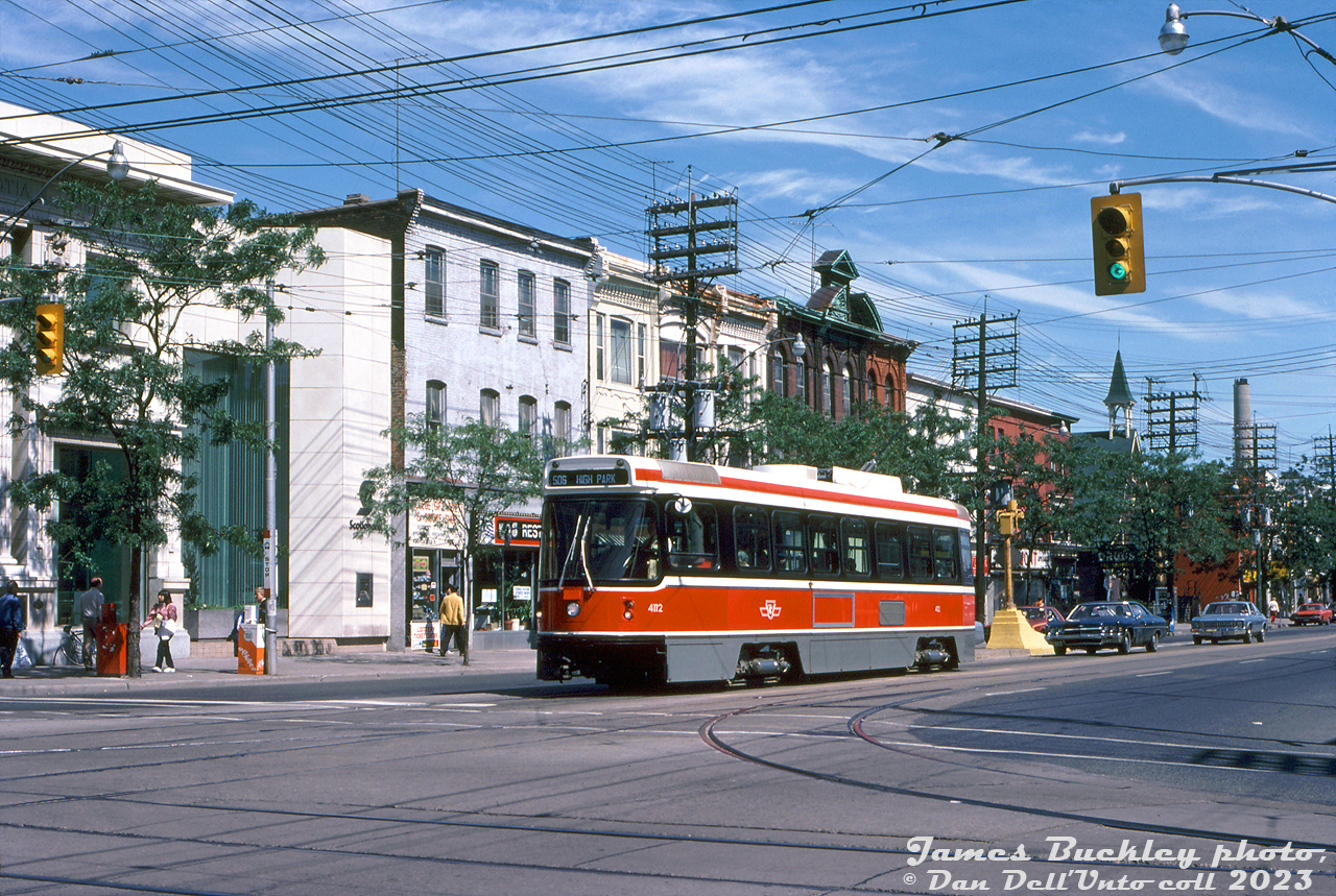 TTC CLRV 4112, only two years old at the time, pauses westbound on the Route 506 Carlton at the intersection of College Street and Bathurst Street.

James Buckley photo, Dan Dell'Unto collection slide.