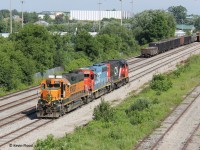 On the morning of July 3, 2024, CN 540 had little work to do at the CN/CP interchange in Kitchener. All the cars in the yard was what is pictured. It was a quick lift of these cars and they headed back to the Guelph Sub. Power was CN 4732-GTW 6420-BNSF 2317 for the northbound run.