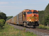 CPKC 734 heads east past Innerkip Highlands Golf Club with solo BNSF 7733. This train would quickly come to a stop at Blandford for unknown reasons. Haven't heard much about 734 these days; it could be because of summer slowdowns in the auto industry.