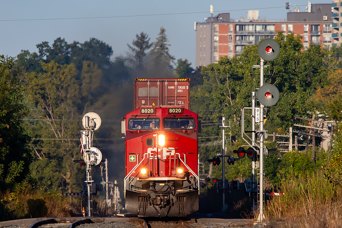 CP 8020 breaks the morning silence on the Bay of Quinte as it rolls through Belleville on its way to Smiths Falls.