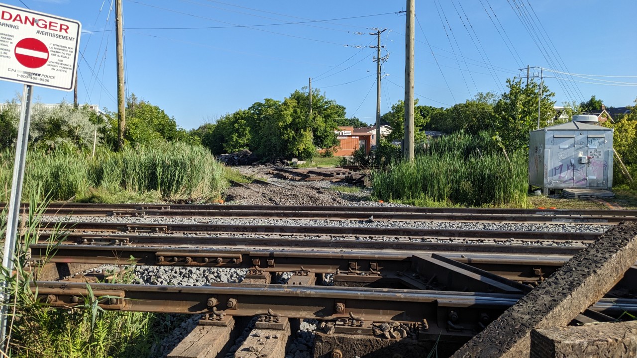 Going.....going...gone. The old Brampton diamonds is nothing but history. The former "mainline" and CNR connecting track covered in weeds and overgrowth. I found a trace of the connecting track however it is mostly ripped up. The signals are now dark. I will miss the banging sounds as the trains passed over the diamonds.