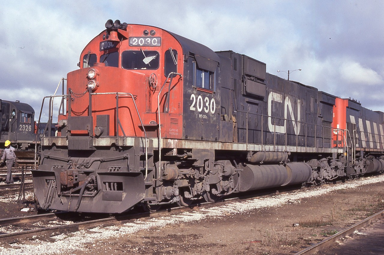 CN MLW C-630M  #2030 basking in the morning sun at MacMillan Yard many years ago.  It was retired by 1996.