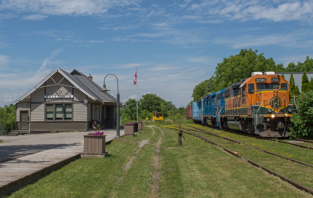 CN L580 rests in front of the restored station at Caledonia with the BNSF 2090 in the lead.  The crew would outlaw here, ending their day.  BNSF 2090 has since left its assignment on 580.