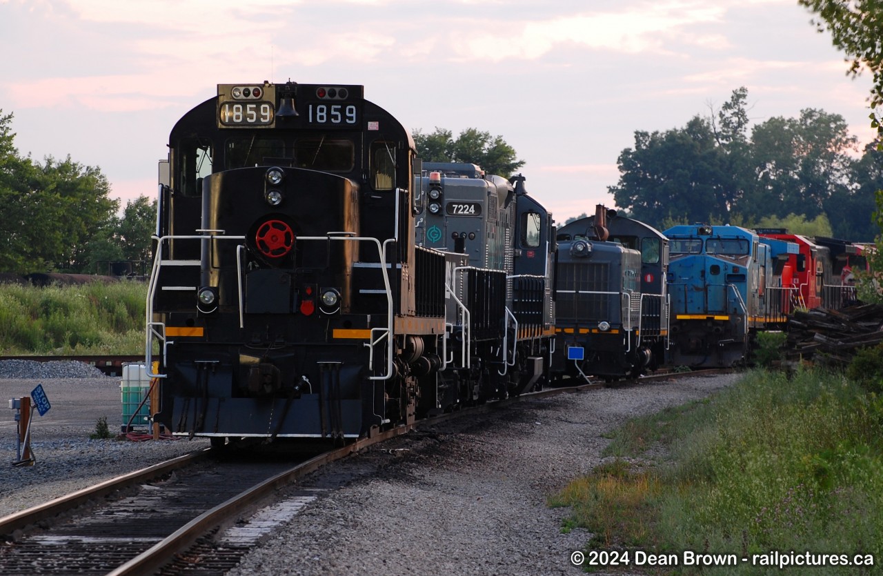 GIO Railways with TRRY RS18u 1859, LDSX Slug 269, LDSX GP9RM 7224, LDSX SW900 7920, and the remaining Ex CN units waiting to be scrapped at Feeder on the GIO Feeder Spur on July 3, 2024