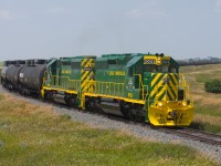 The latest additions to the roster of Great Sandhills Railway slowly make their way toward Swift Current to interchange with CPKC. The sharp looking pair is seen just north of Success, Saskatchewan. 