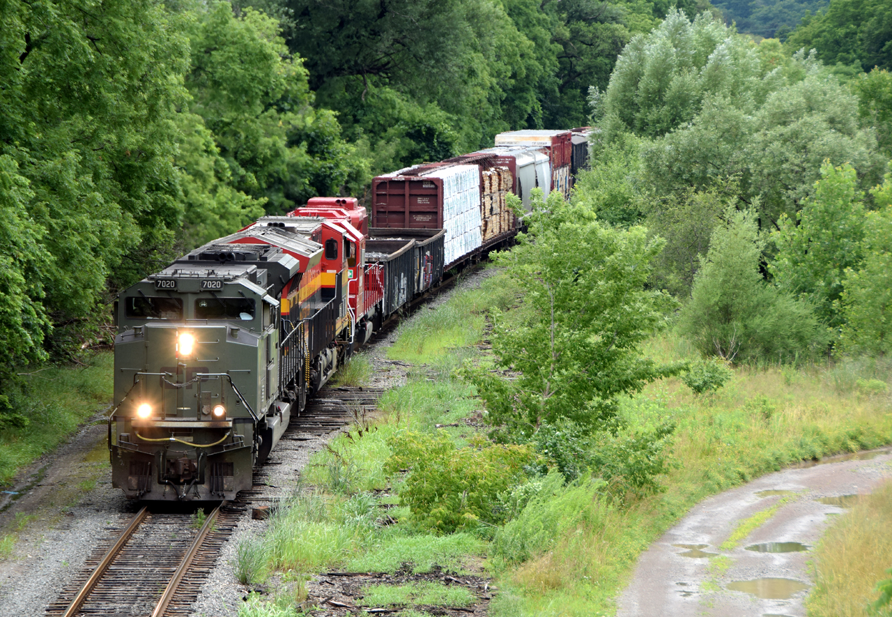 CPKC 236 shoving their tail end setoff past the former TH&B grounds at Chatham Street with CP 7020, KCS 5022, and CP 3024