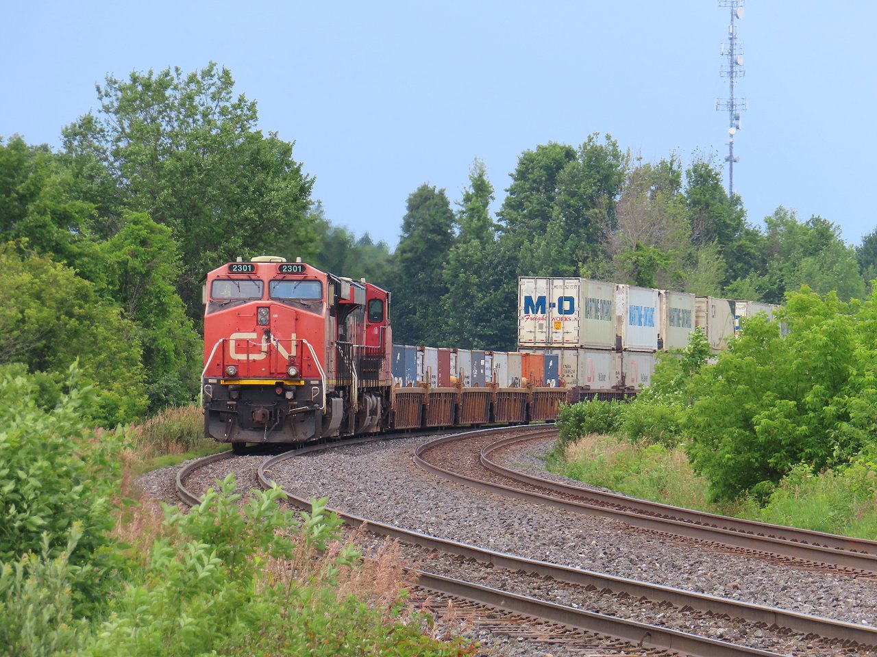 In a well timed meet a southbound intermodal train has just paused in the siding at Brechin to let Via's Canadian roar past.