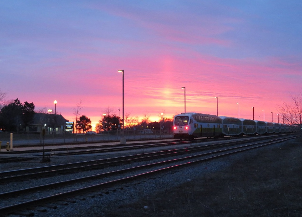 The 6:50 train departs into the sunrise towards Toronto. When I worked in downtown Barrie, a slight detour on my way in would let me catch this departure and some nice sunrises over the bay.