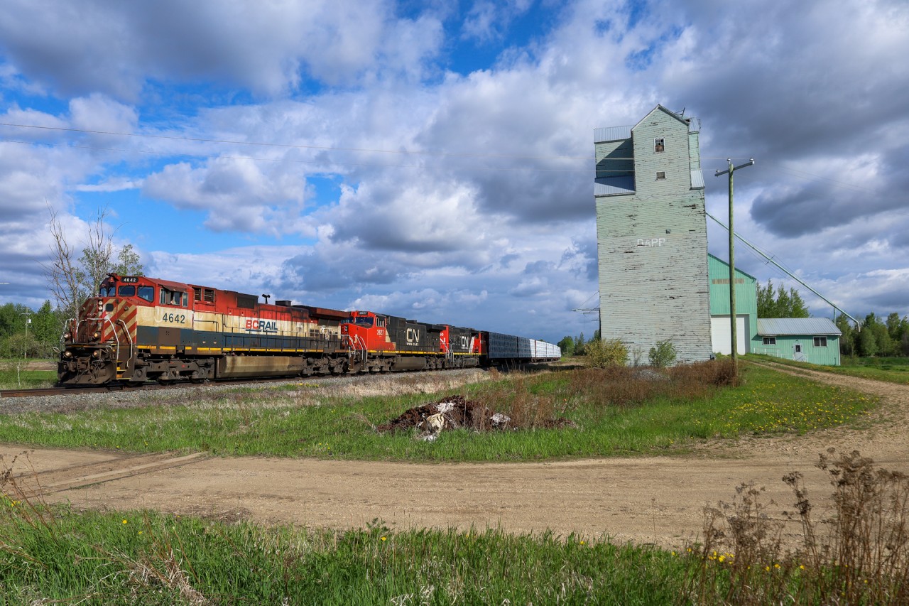 BCOL 4642 leads CN A 41851 30 past the old wooden elevator at Dapp, Alberta on the former Northern Alberta Railway mainline to the Peace River.