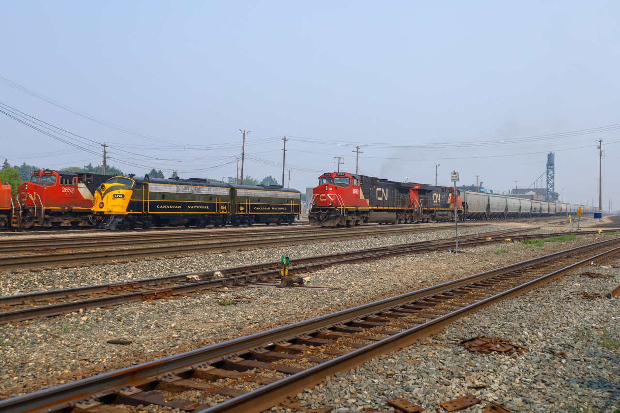 Built about 40 years apart, top of the line power from different eras, meet outside of the Walker Yard Diesel Shop in 2024.  CN 6514 and CN 6614 were built in January, 1957 and CN 2553 was built in the fall of 1997.  The F Units spent their career on CN, VIA and the Algoma Central Railway before being acquired by the Alberta Railway Museum.  CN 2553, has so far avoided the rebuild program and is running out its days hauling tonnage across the CN network.  Believe it or not, it won’t be long before the Dash 9s are a thing of the past and, like the FP9s, are something we go out of our way to see and reminisce about at the local Railway museum.