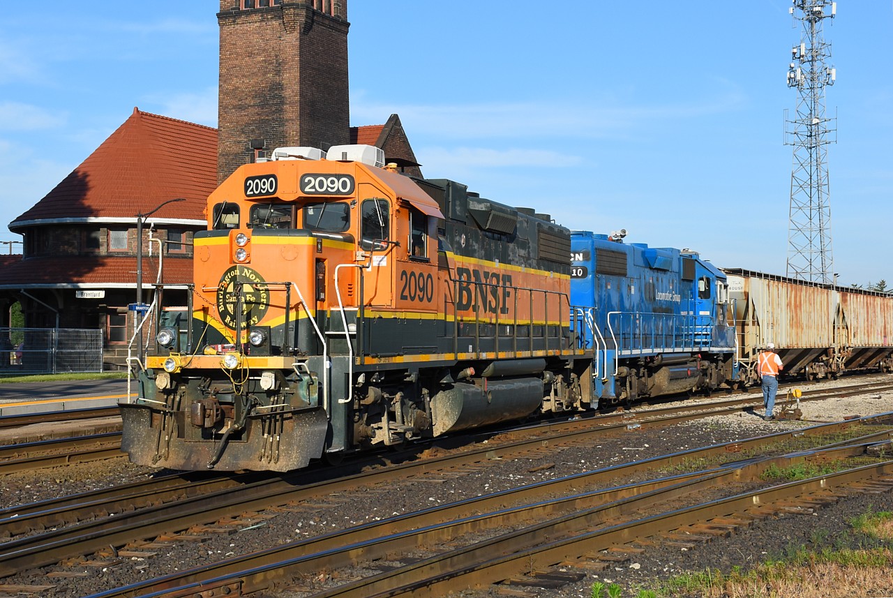 After being assigned to Brantford for over a month, BNSF 2090 and CN 4910 were finally turned on CN 581 in Hamilton last night. This morning was the first opportunity to get a nice morning photo of BNSF 2090 in front of the station. Exactly one year ago to the day, there was a mob of railfans in Brantford to photograph green-BN painted BNSF 2098 leading CN 580. This morning was a lot more subdued, only myself and one other railfan present to capture the action. Not a bad way to start the work day, again!