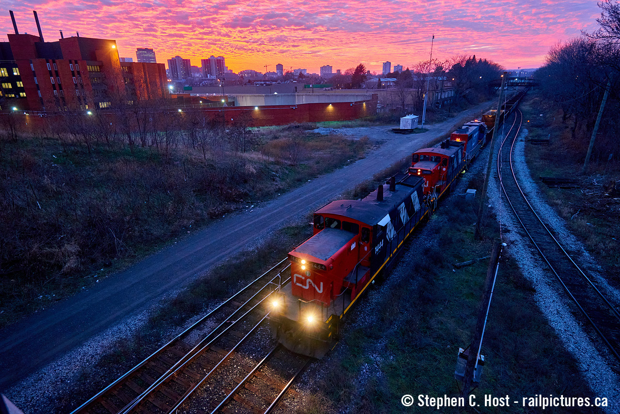 I enjoyed the second wind of these beasts when they came back to life for 3 more years (2019-2021), before being unceremoniously parked and sold in April 2021. This was a chance encounter, meaning unplanned, noting brilliant sky after doing some family things nearby and heading home for Guelph I realized I needed to find something, anything moving. Then  the 1600 calls out of the yard to go to Parkdale - perfect. I perched quickly on a high spot to get as much sky as possible - Ferguson ave -  and the GMD-1's were the power for the train. After this I rolled on home.