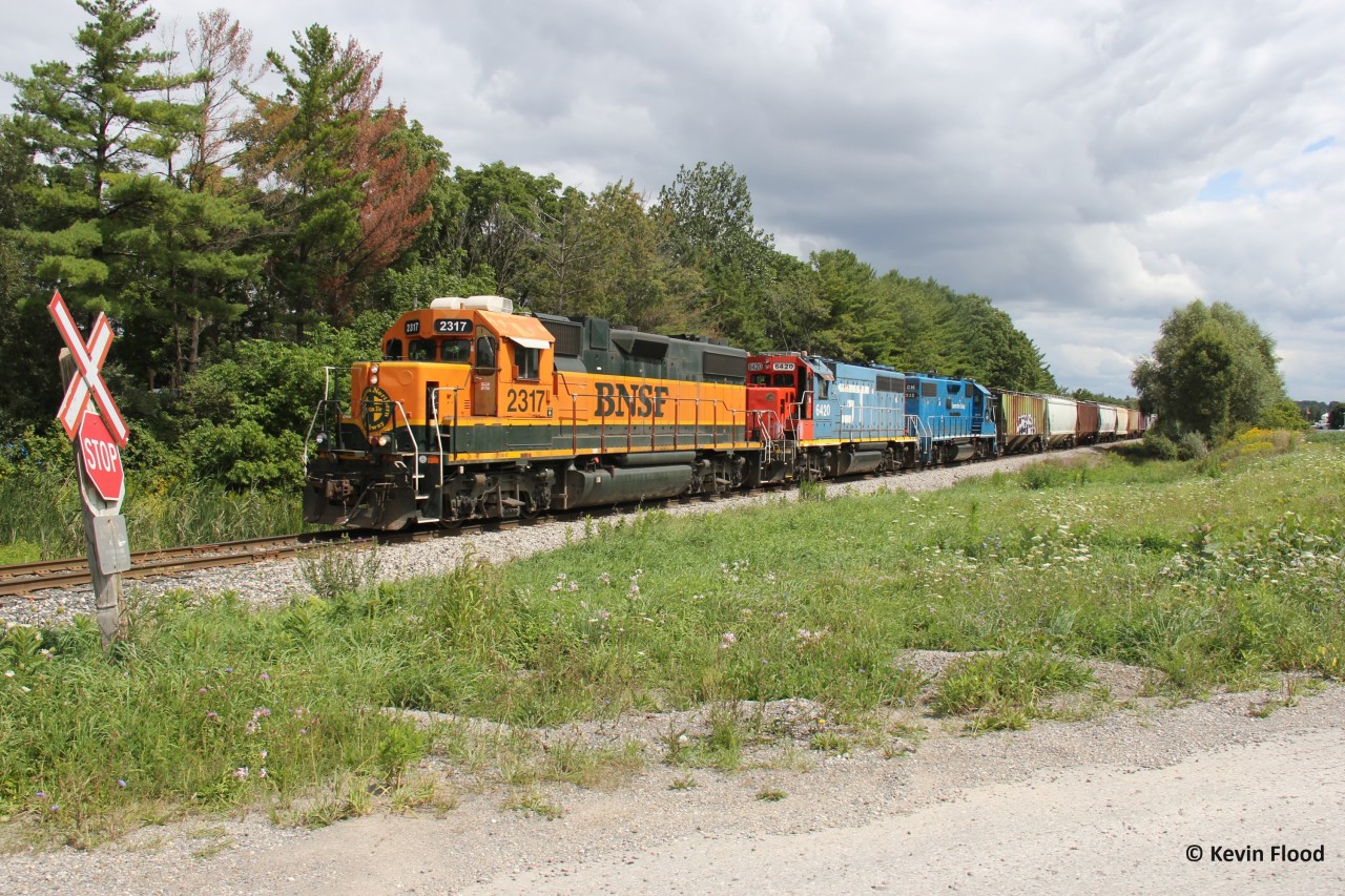 CN 568 heads west out of Kitchener just east of Petersburg with BNSF 2317-GTW 6420-CN 4910, dubbed “the trio” by Kitchener Watch. Like BNSF 2090, the 2317 has already spent a good amount of time in the Kitchener pool, arriving on the scene in late June. If only the BN green units (2926, 2098) would spend some time in lead position up here. Here is a similar lashup caught by Steve in September 2023: http://www.railpictures.ca/?attachment_id=52943. Interestingly, all the paint schemes are almost identical but the engine numbers are different!