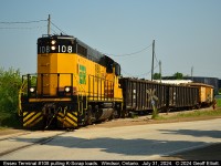 Essex Terminal GP9 #108 is preparing to pull 5 loaded scrap gons from K-Scrap on Windsor's West end.  K-Scrap is a the end of the ETR's Belt Line and one of only a couple industries left on that spur.  After pulling the 5 loads ETR 108 will shove 5 more empties deep into the K-Scrap yard.  Although K-Scrap ships cars out regularly, this is the first time in 35+ years of Railfanning that I happened to be in the right place at the right time to catch the ETR working this industry.  I guess patience really is a virtue in this case.