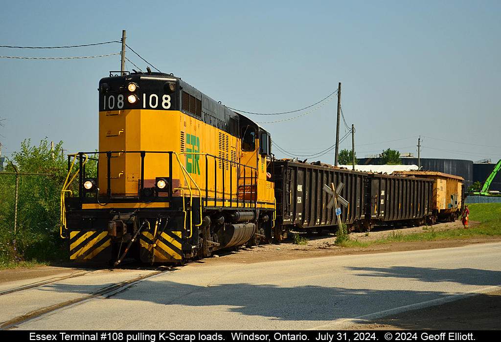 Essex Terminal GP9 #108 is preparing to pull 5 loaded scrap gons from K-Scrap on Windsor's West end.  K-Scrap is a the end of the ETR's Belt Line and one of only a couple industries left on that spur.  After pulling the 5 loads ETR 108 will shove 5 more empties deep into the K-Scrap yard.  Although K-Scrap ships cars out regularly, this is the first time in 35+ years of Railfanning that I happened to be in the right place at the right time to catch the ETR working this industry.  I guess patience really is a virtue in this case.