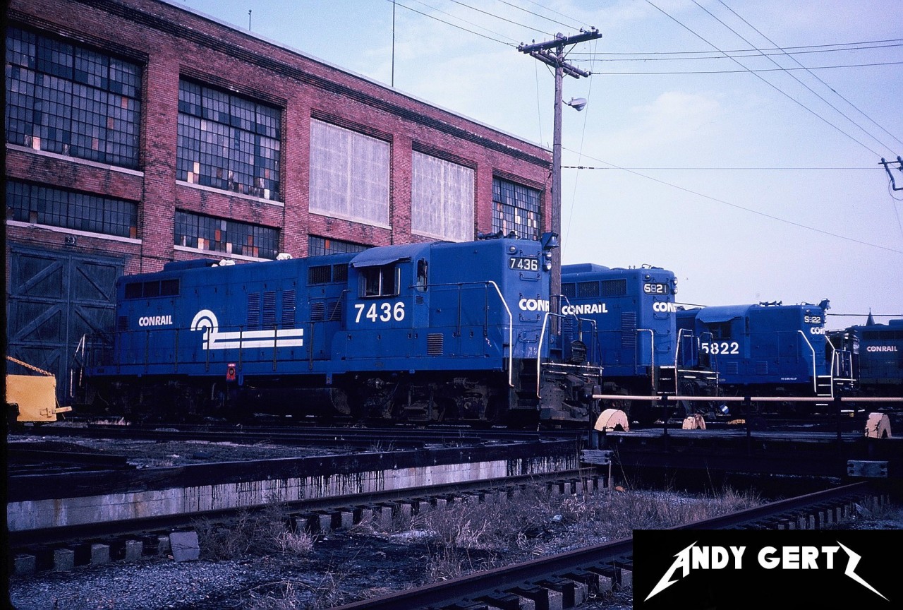 Several Conrail Ontario assigned Geeps crowd the St. Thomas, Ontario shop tracks awaiting their next assignments.